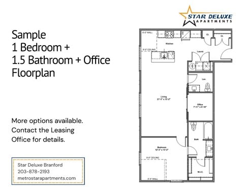 Floor plan for 1 bed, 1.5 baths, 922 sqft